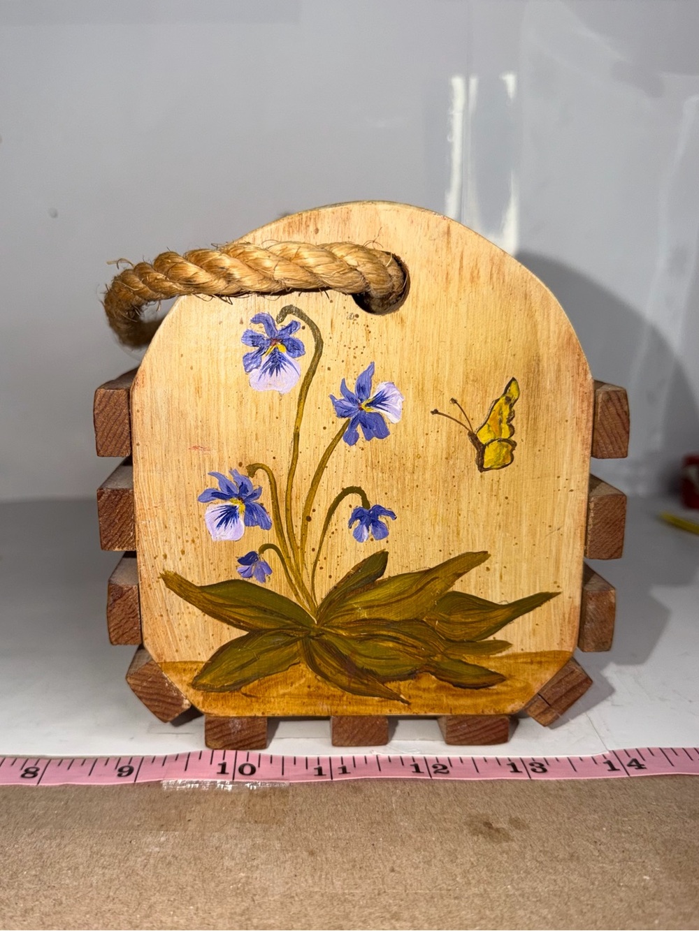 Vintage Hand-Painted Wooden Slat Caddy Box w/ Rope Handle - Picture 2 of 7